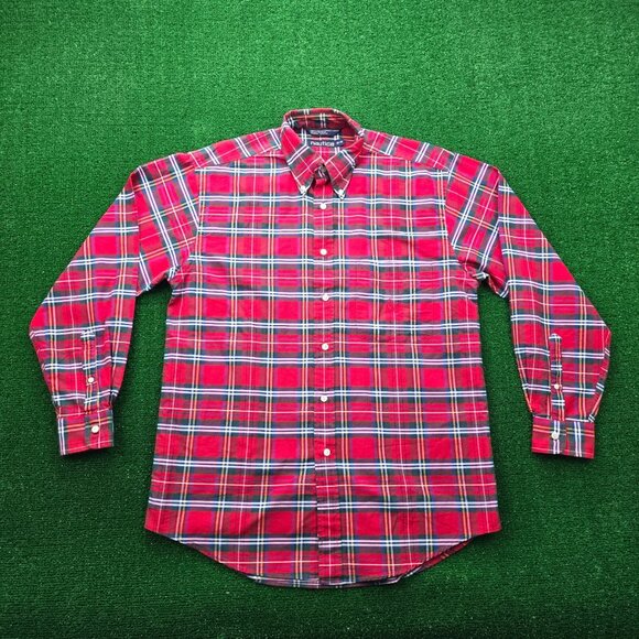 Nautica Shirt Mens Medium/Large Red Plaid Button Down Long Sleeve Vintage Preppy - Picture 1 of 7